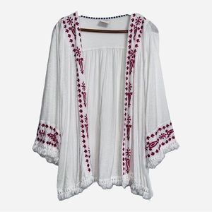 Knox Rose Kimono Women’s White Red Open Front Embroidered Tassled Boho Hippie